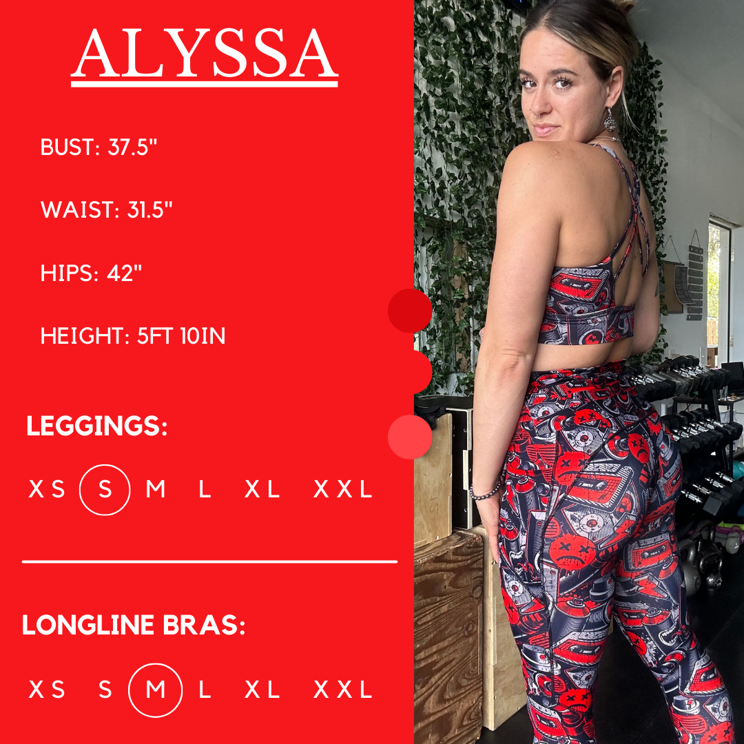 Model’s measurements of 37.5” bust, 31.5” waist, 42” hips and height of 5 ft 10 inches. She is wearing a size small in our leggings and medium in our longline bra