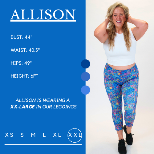 Model's measurements of 44 inch bust, 40.5 inch waist, 49 inch hips, and height of 6 foot. She is wearing a size xx-large in our leggings