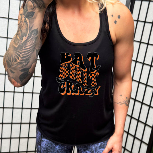 model wearing the black Bat Shit Crazy Shirt