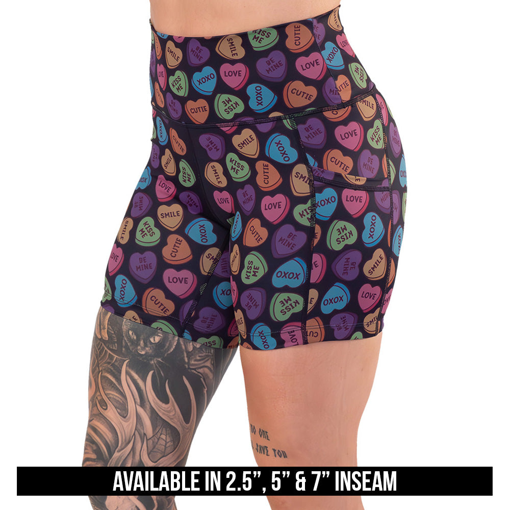 valentine heart candy print shorts available in 2.5, 5 & 7 inch inseams