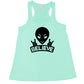 mint racerback tank top that has an alien design on it that says "believe"