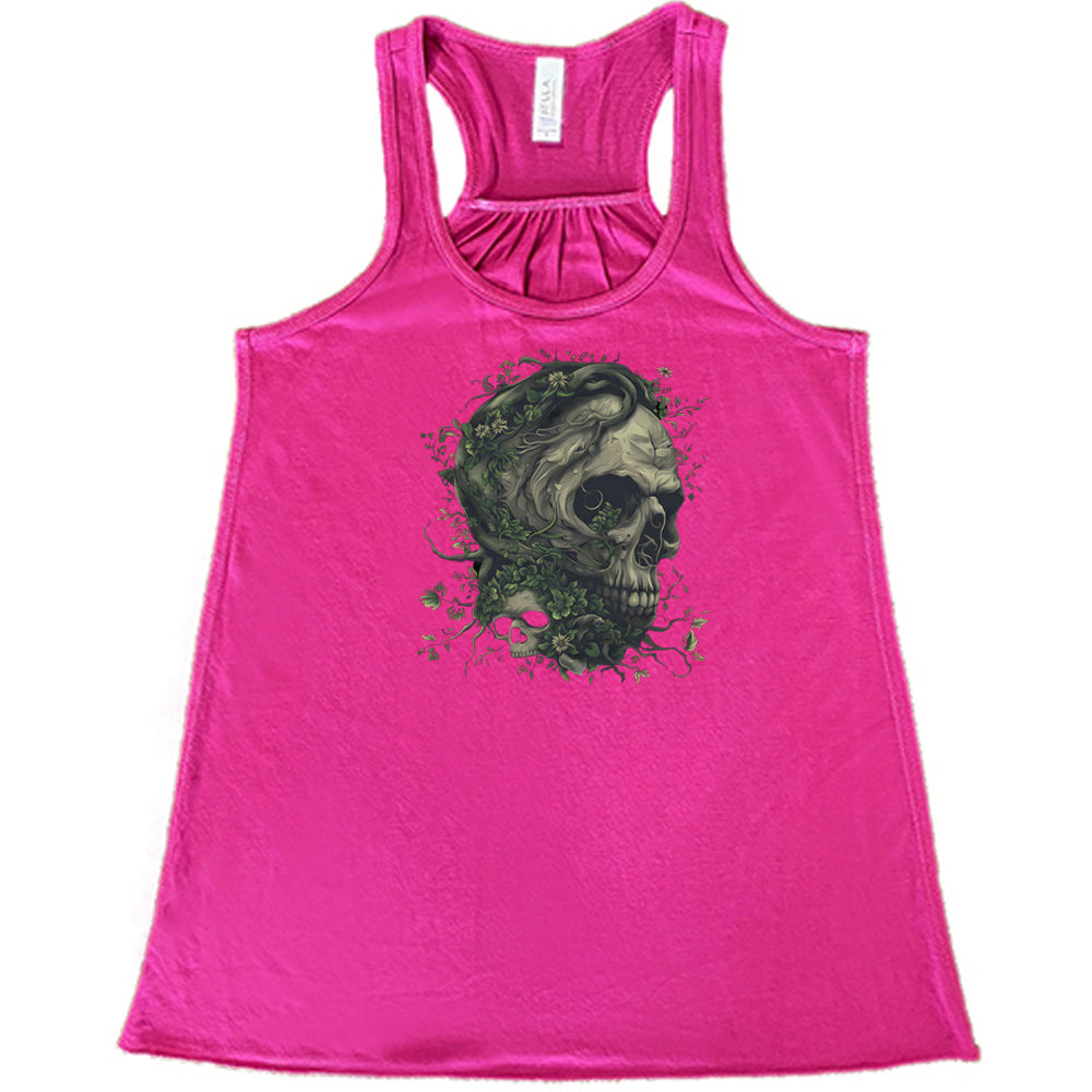 berry shirt with a tree skull graphic in the middle