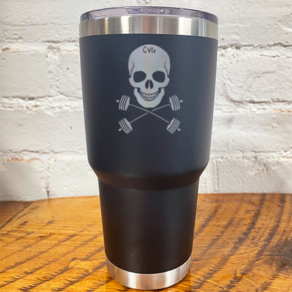 black tumbler with skull and barbell crossbones design