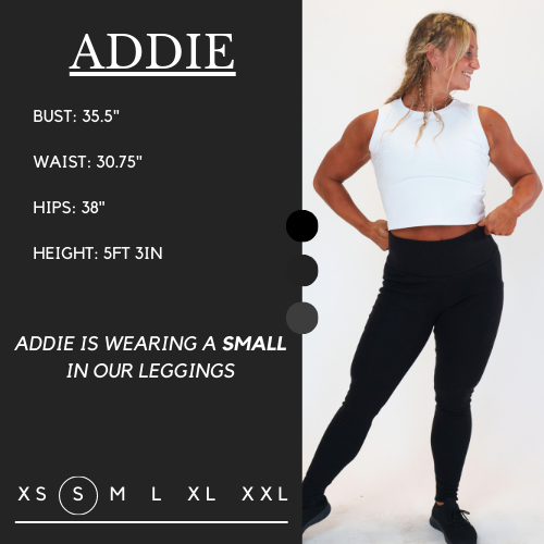 Model’s measurements of 35.5” bust, 30.75” waist, 38” hips and height of 5 ft 3 inches. She is wearing a size small in our leggings