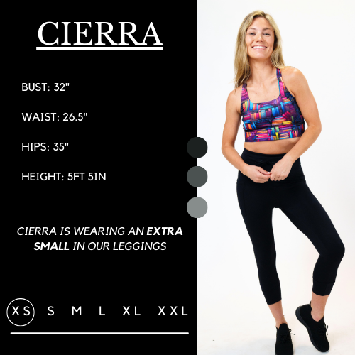 Model’s measurements of 32” bust, 26.5” waist, 35” hips and height of 5 ft 5 inches. She is wearing a size extra small in our leggings