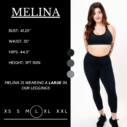 Model’s measurements of 41.25” bust, 35” waist, 44.5” hips and height of 5 ft 10 inches. She is wearing a size large in our leggings