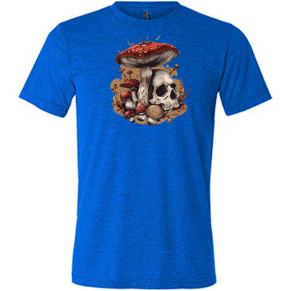 blue shirt with a mushroom skull graphic in the middle