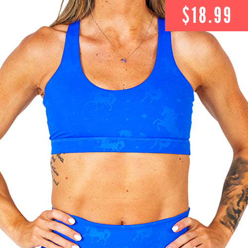 $18.99 bright blue bra with unicorn detailing 