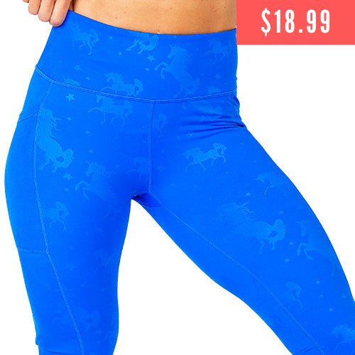 $18.99 blue leggings with blue unicorn pattern on it 