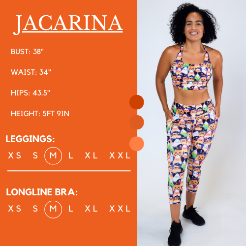 Model's measurements of 38 inch bust, 34 inch waist, 43.5 inch hips, and height of 5 foot 9 inches. She is wearing a size medium in our leggings