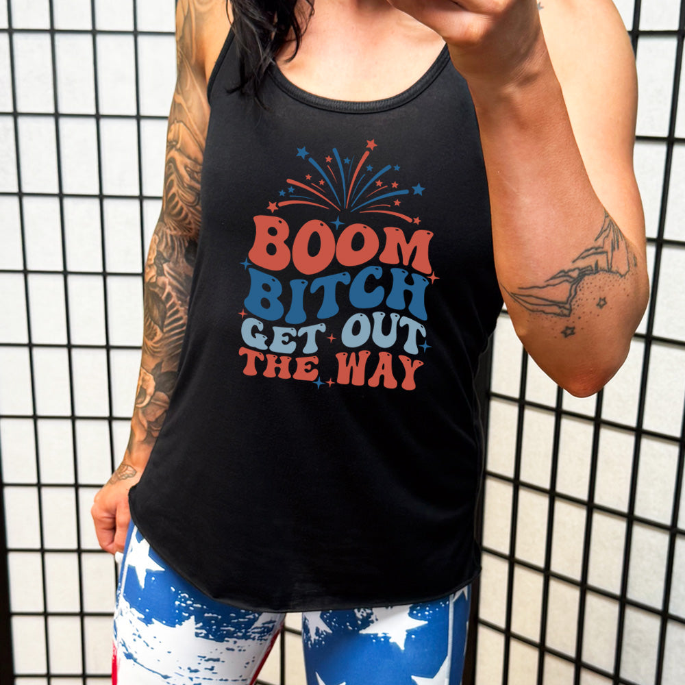 model wearing the black Boom Bitch Get Out The Way Tank Top