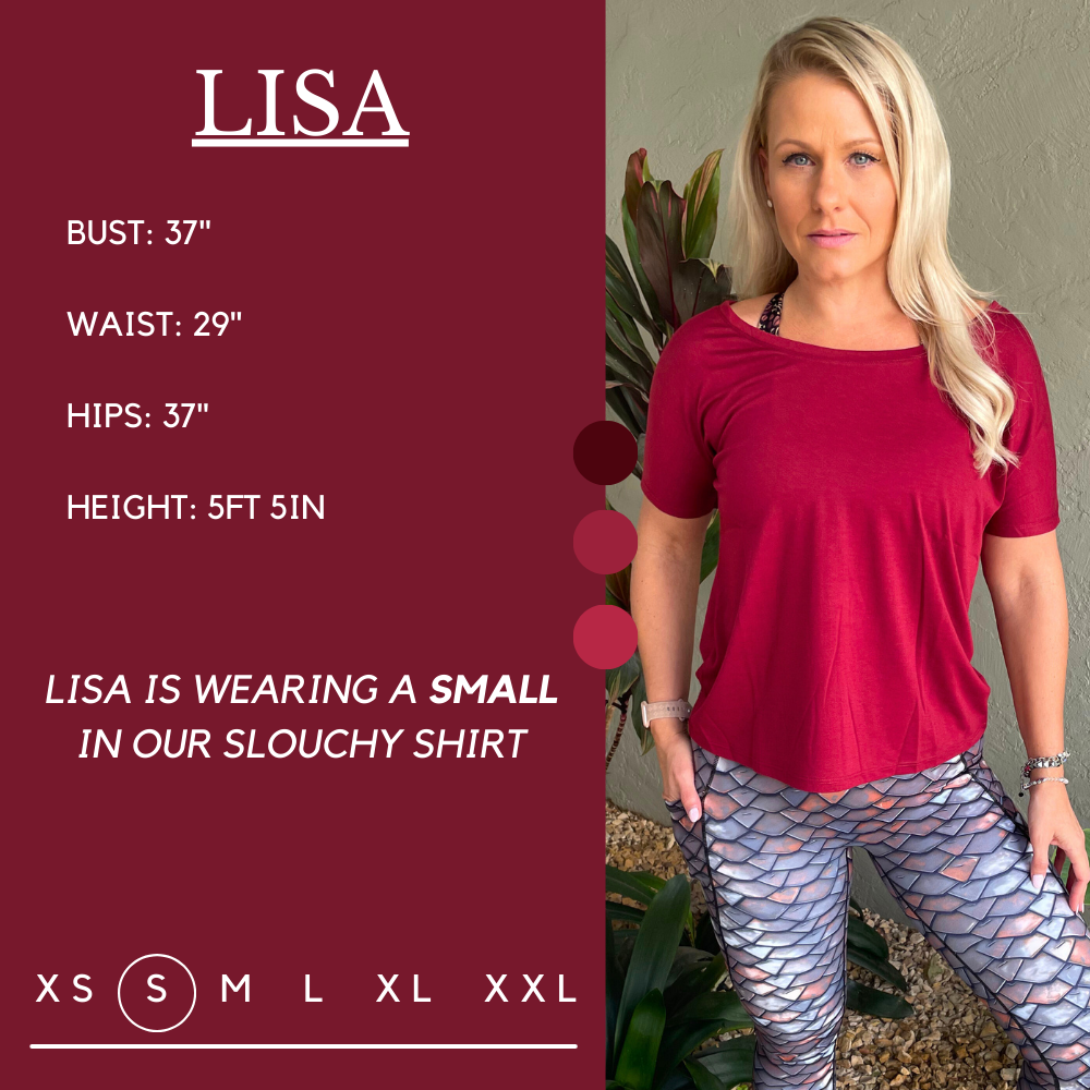 Model’s measurements of 37” bust, 29” waist, 37” hips and height of 5 ft 5 inches. She is wearing a size small in our slouchy tee