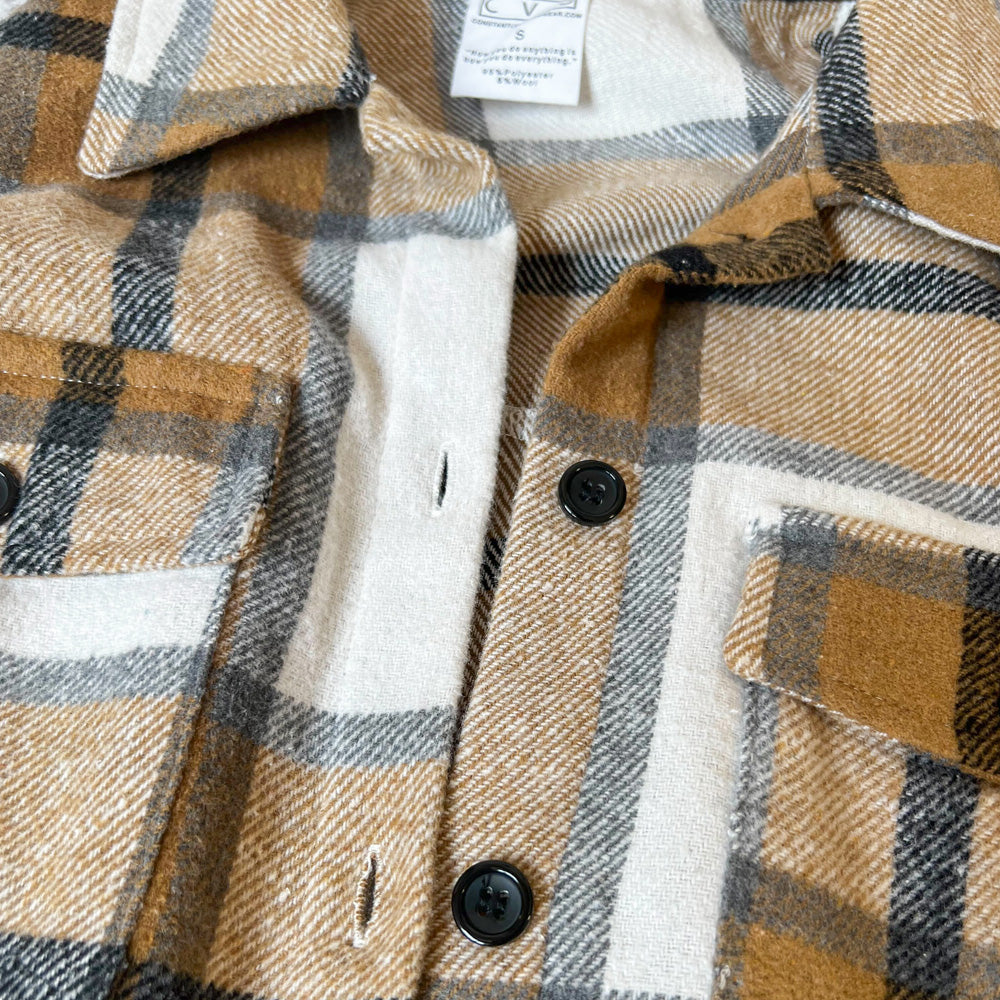 close up of the brown plaid shacket