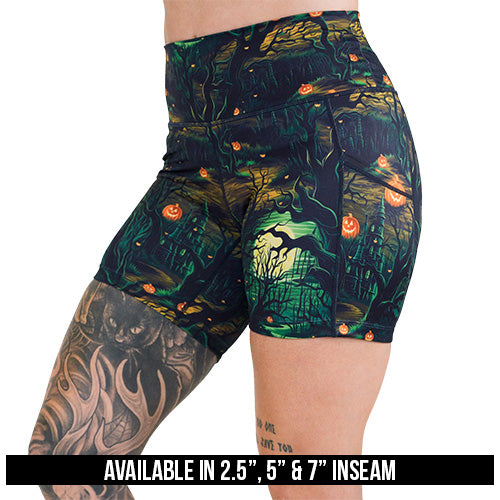 spooky forest themed shorts available in 2.5, 5 and 7 inch inseams