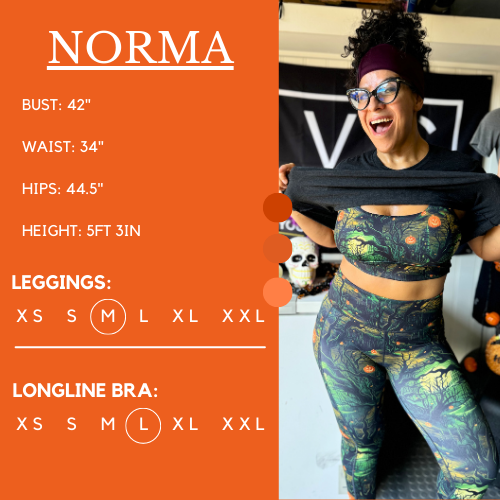 Model’s measurements of 42” bust, 34” waist, 44.5” hips and height of 5 ft 3 inches. She is wearing a size medium in our leggings