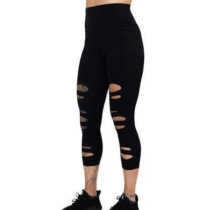 capri length ripped black leggings