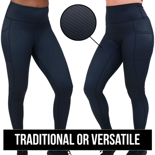 an image with two styles of black leggings, traditional and versatile 