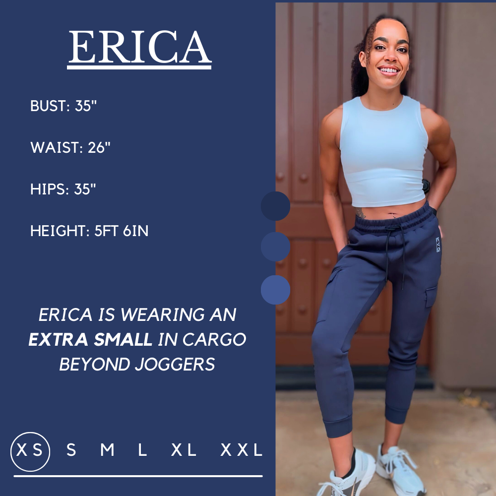 Model’s measurements of 35” bust, 26” waist, 35” hips and height of 5 ft 6 inches. She is wearing a size extra small in our joggers