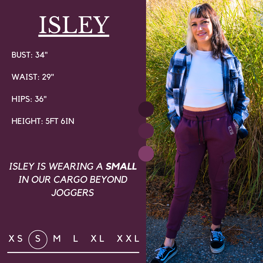 Model’s measurements of 34” bust, 29” waist, 36” hips and height of 5 ft 6 inches. She is wearing a size small in our joggers