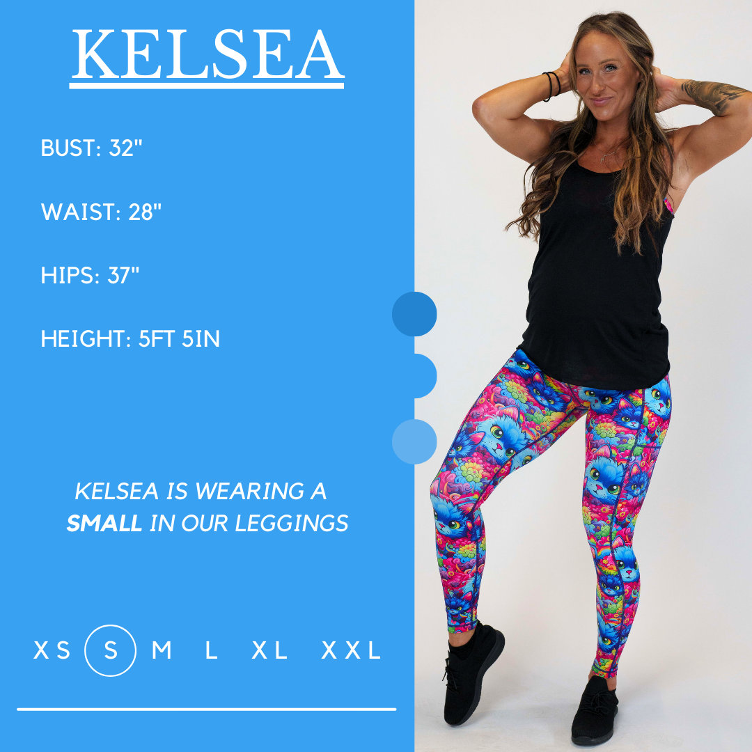 Model’s measurements of 32” bust, 28” waist, 37” hips and height of 5 ft 5 inches. She is wearing a size small in our leggings