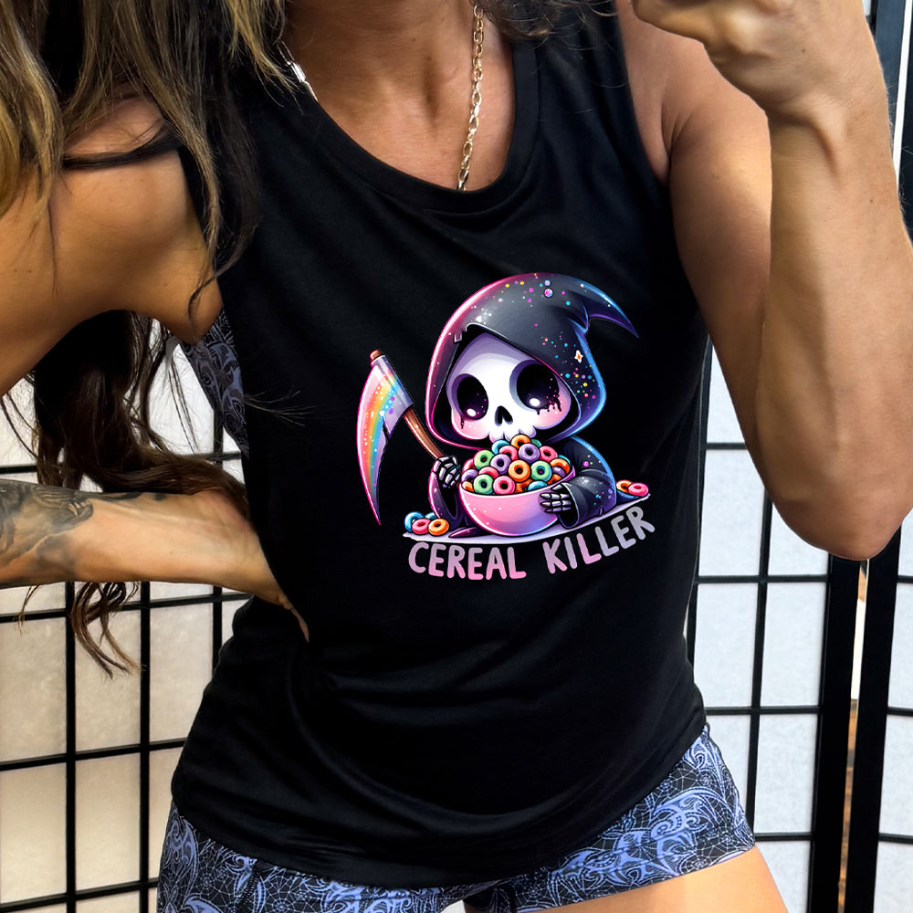 model wearing the black "Cereal Killer" Muscle Tank