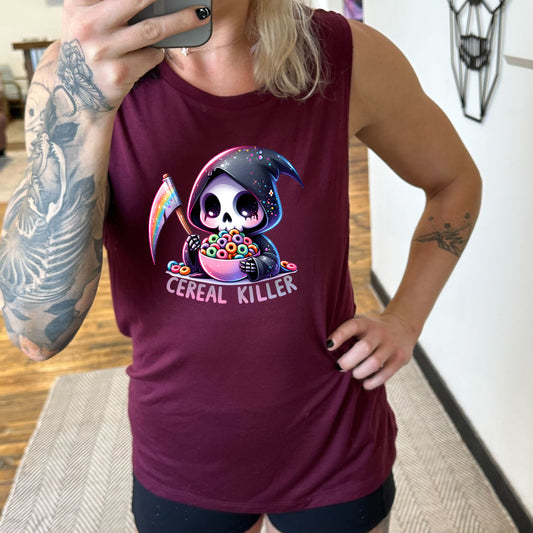 model wearing the maroon "Cereal Killer" Muscle Tank