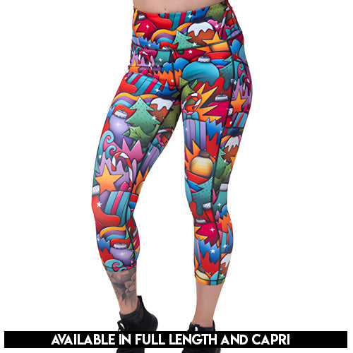 leggings with a holiday ornament pattern available in full and capri length