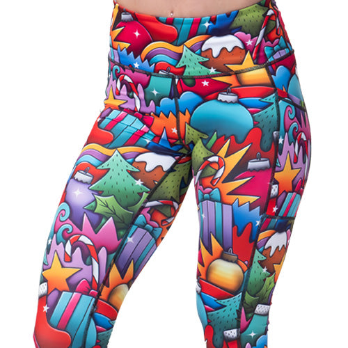 close up of leggings with a holiday ornament pattern