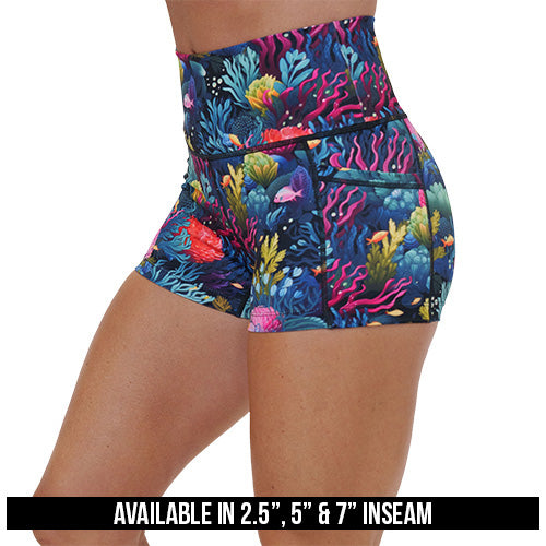 coral reef patterned shorts available in 2.5, 5 & 7 inch inseams