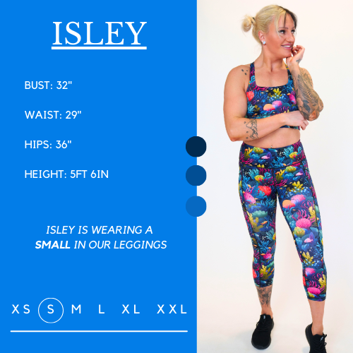 Model's measurements of 32 inch bust, 29 inch waist, 36 inch hips, and height of 5 foot 6 inches. She is wearing a size small in these leggings