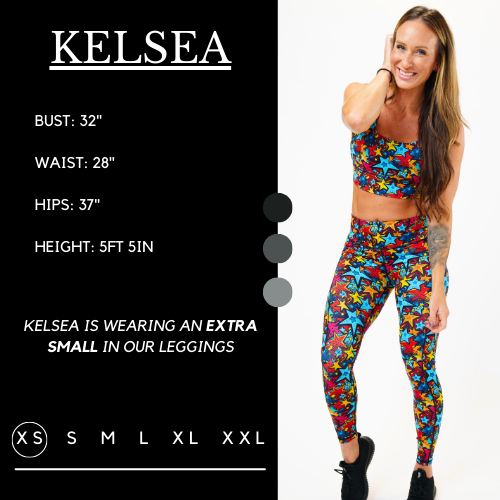 Model’s measurements of 32” bust, 28” waist, 37” hips and height of 5 ft 5 inches. She is wearing a size extra small in our leggings