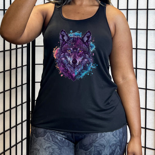 black shirt with a colorful wolf graphic on it