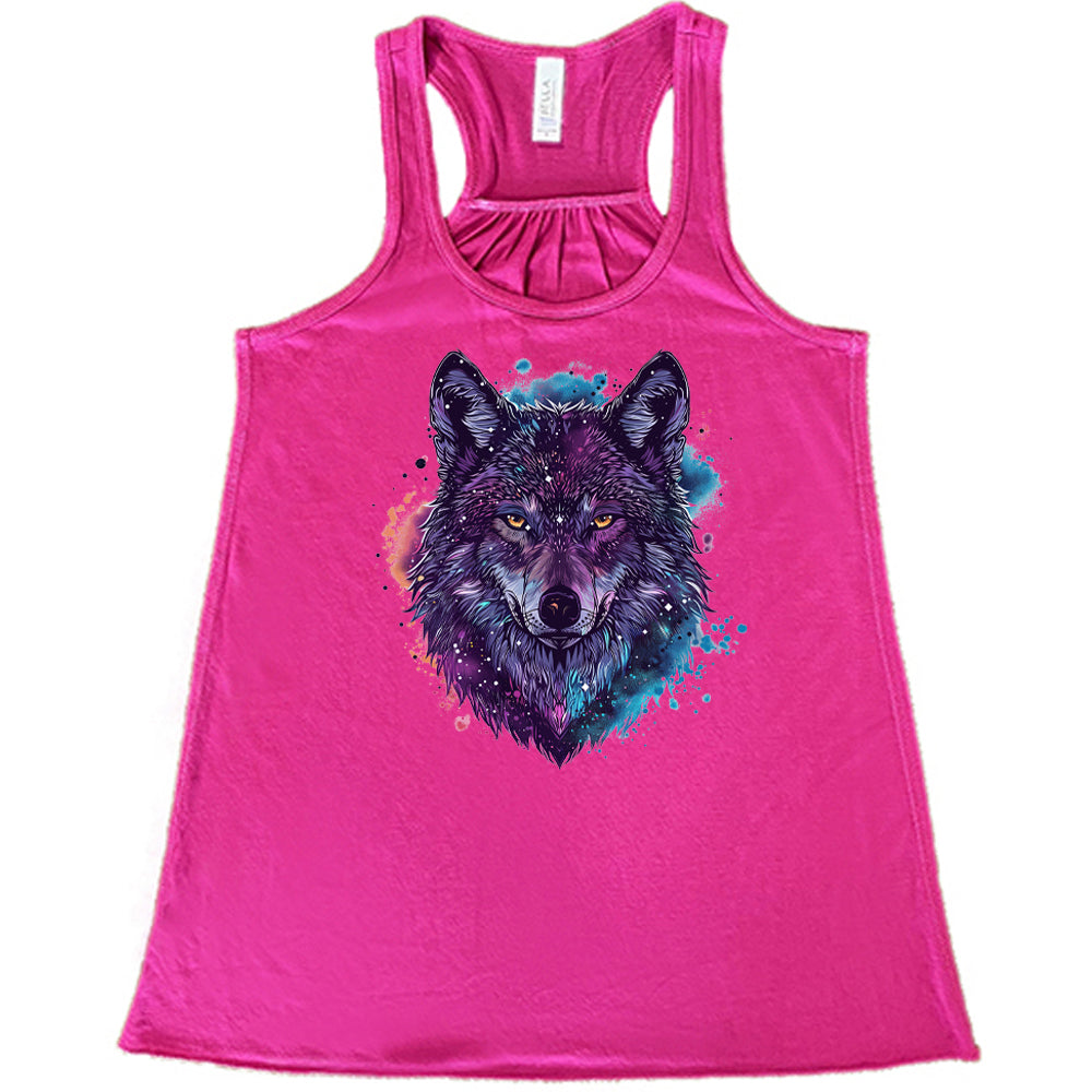 berry shirt with a colorful wolf graphic on it