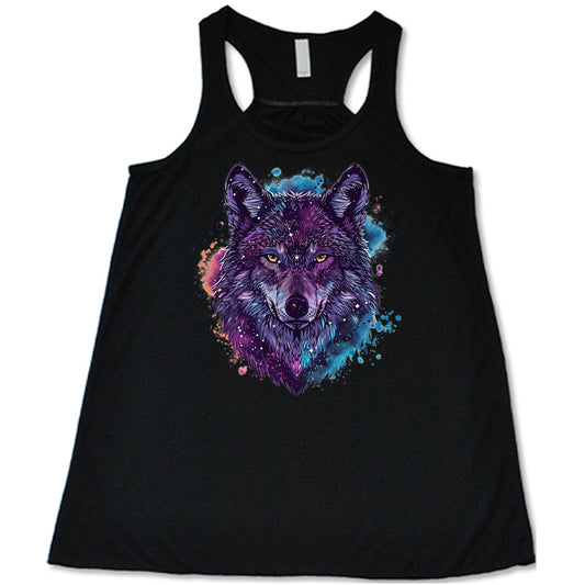 black shirt with a colorful wolf graphic on it