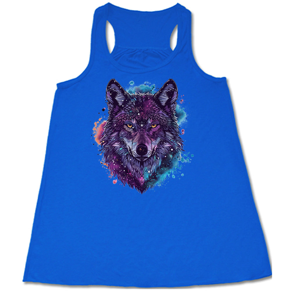 blue shirt with a colorful wolf graphic on it