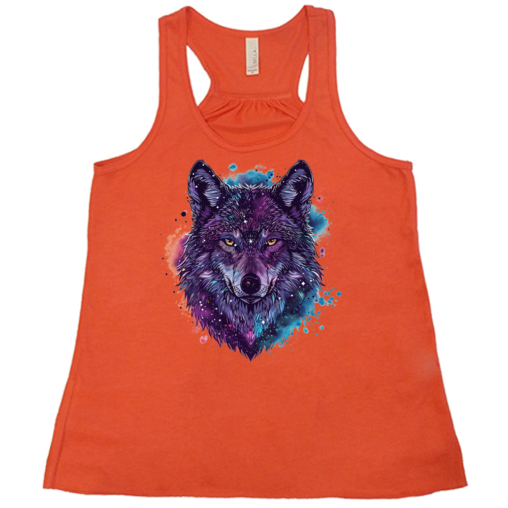 coral shirt with a colorful wolf graphic on it