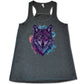 grey shirt with a colorful wolf graphic on it