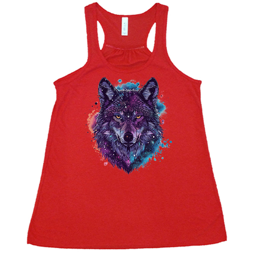 red shirt with a colorful wolf graphic on it