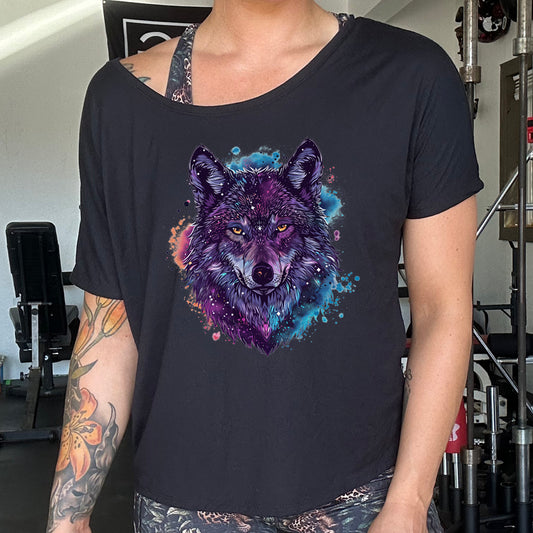 black slouchy shirt with a colorful wolf graphic on it