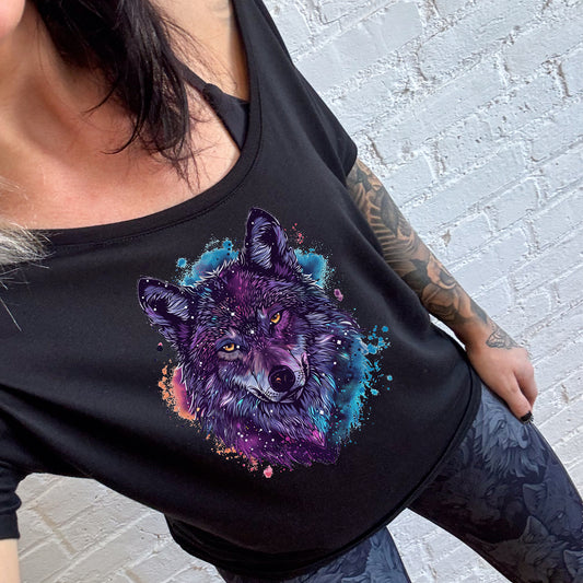 black slouchy shirt with a colorful wolf graphic on it