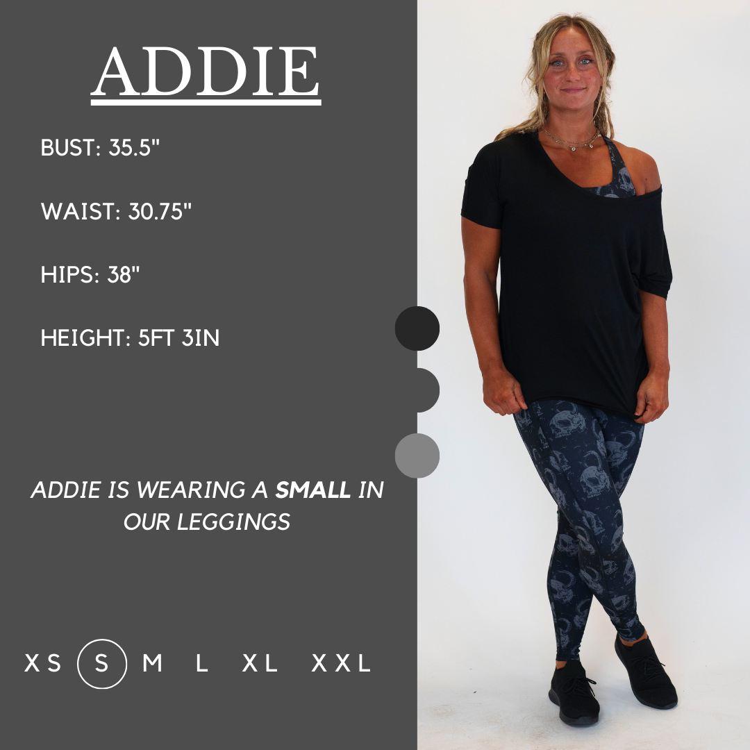 Model’s measurements of 35.5” bust, 30.75” waist, 38” hips and height of 5 ft 3 inches. She is wearing a size small in our leggings