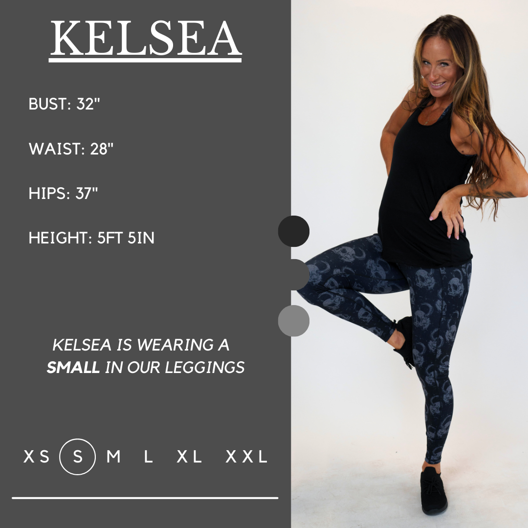 Model’s measurements of 32” bust, 28” waist, 37” hips and height of 5 ft 5 inches. She is wearing a size small in our leggings