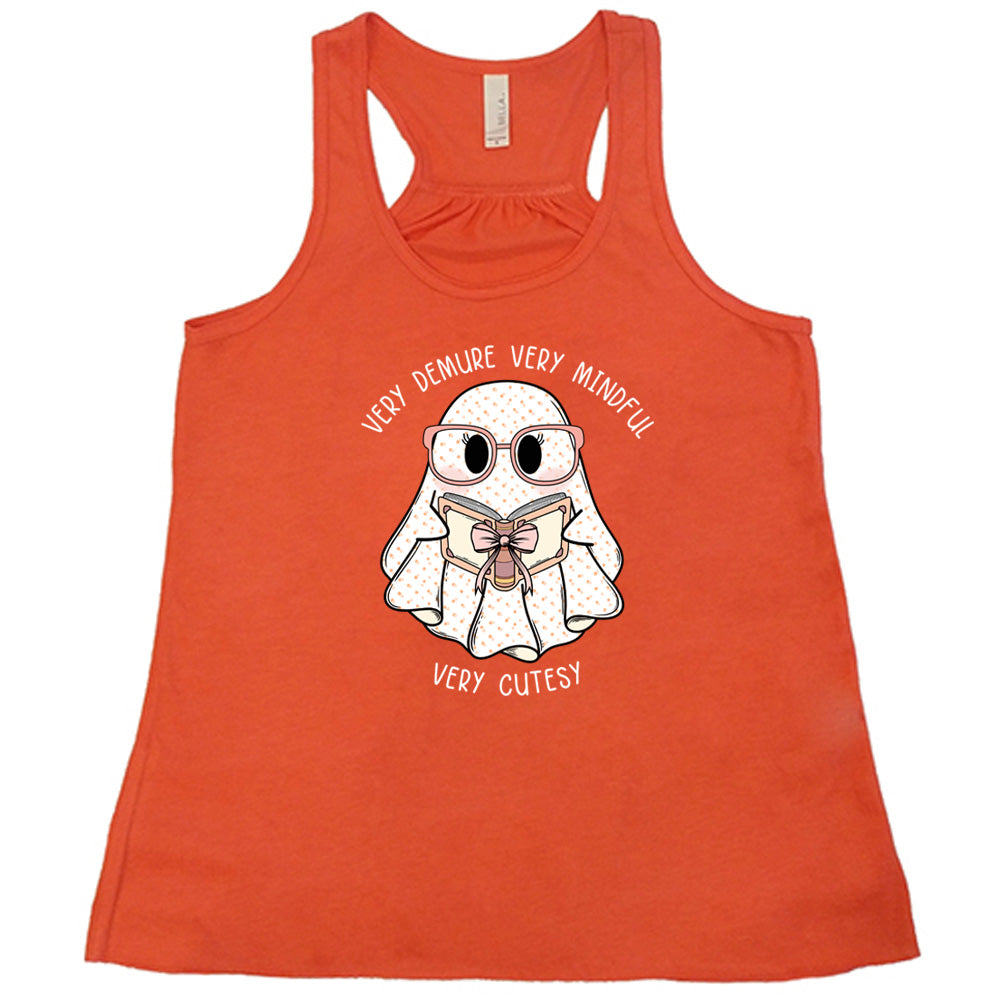 coral shirt with a ghost graphic and "very demure very mindful very cutesy" text on it