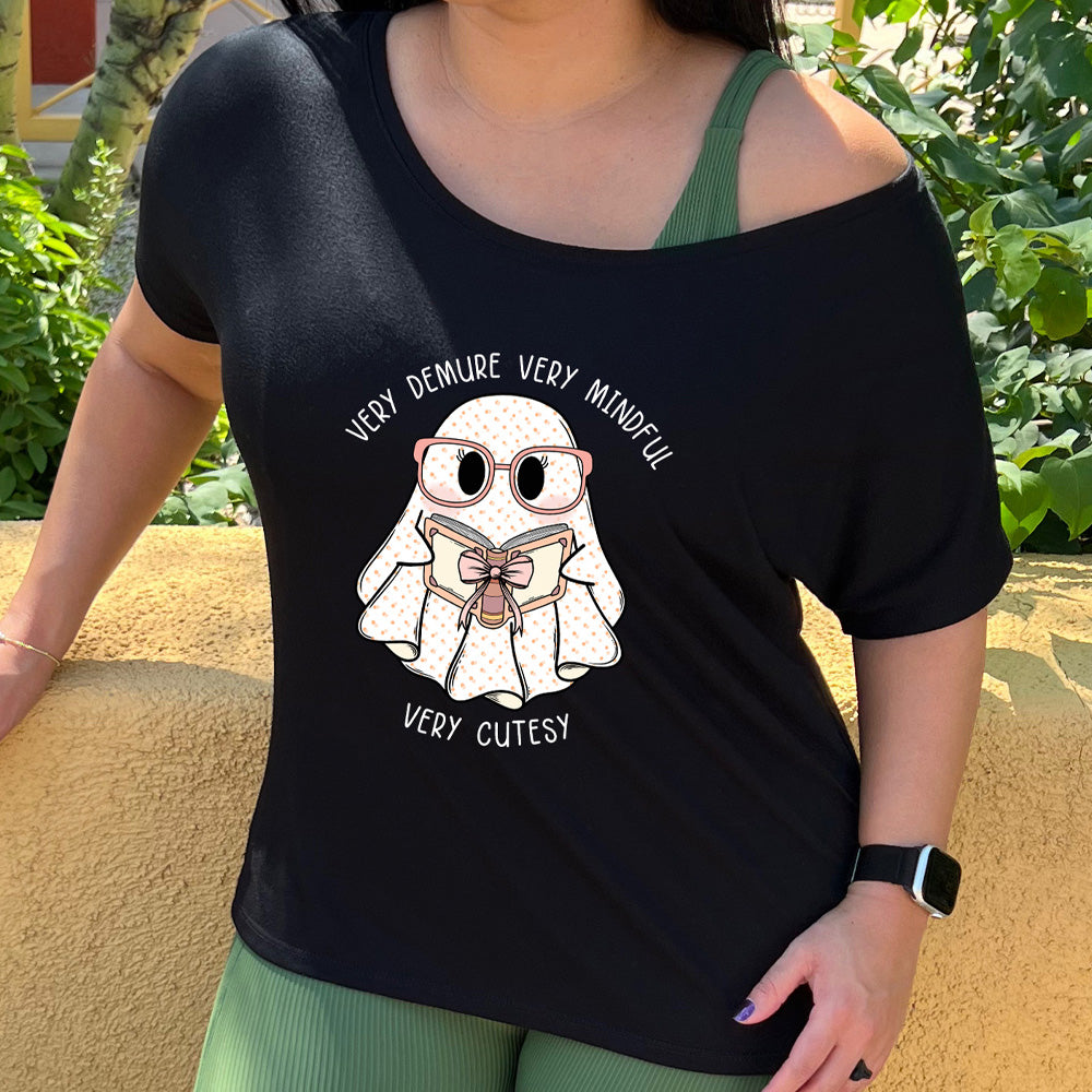 shirt with a ghost graphic and "very demure very mindful very cutesy" text on it