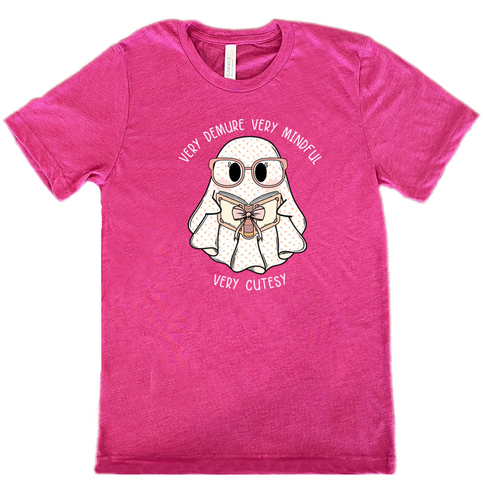 berry shirt with a ghost graphic and "very demure very mindful very cutesy" text on it