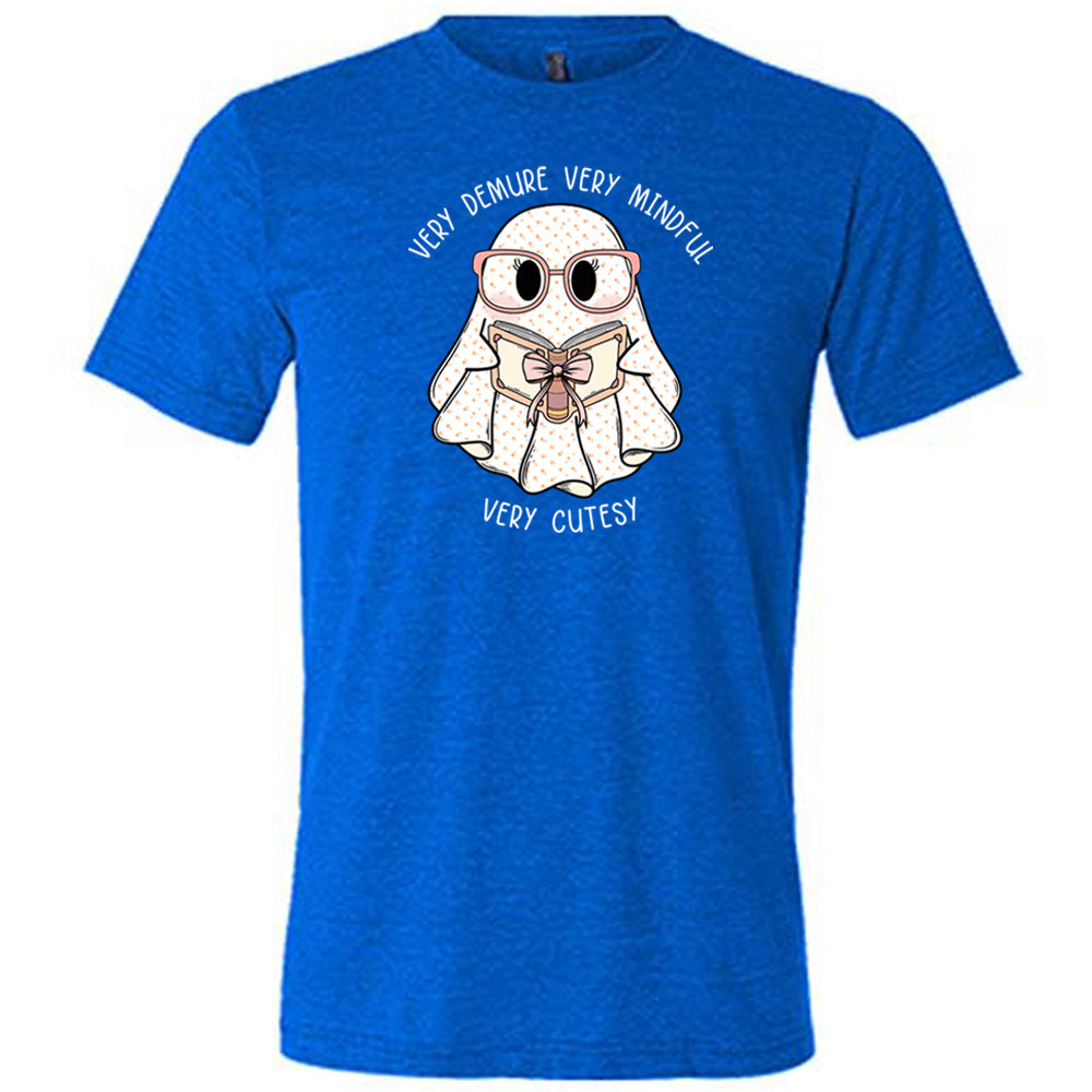 blue shirt with a ghost graphic and "very demure very mindful very cutesy" text on it