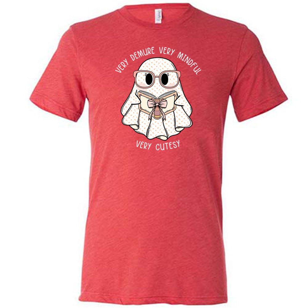 red shirt with a ghost graphic and "very demure very mindful very cutesy" text on it