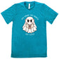 teal shirt with a ghost graphic and "very demure very mindful very cutesy" text on it