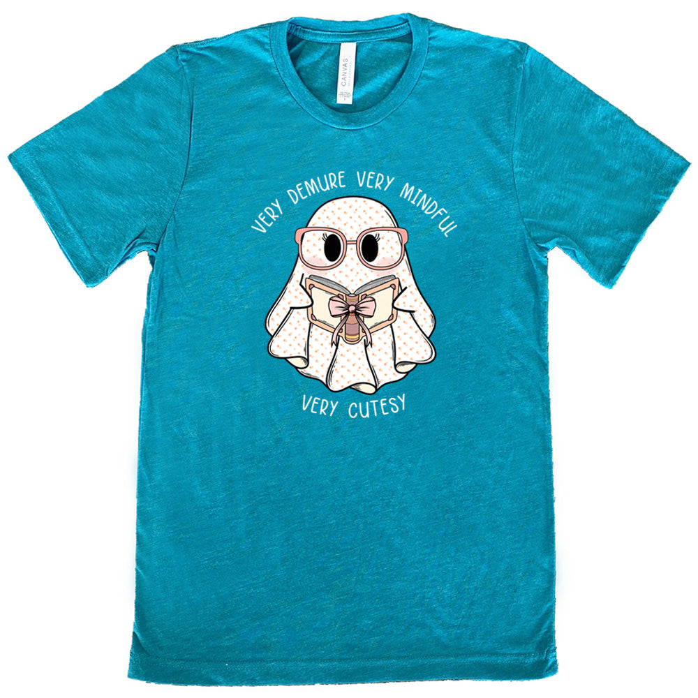 teal shirt with a ghost graphic and "very demure very mindful very cutesy" text on it