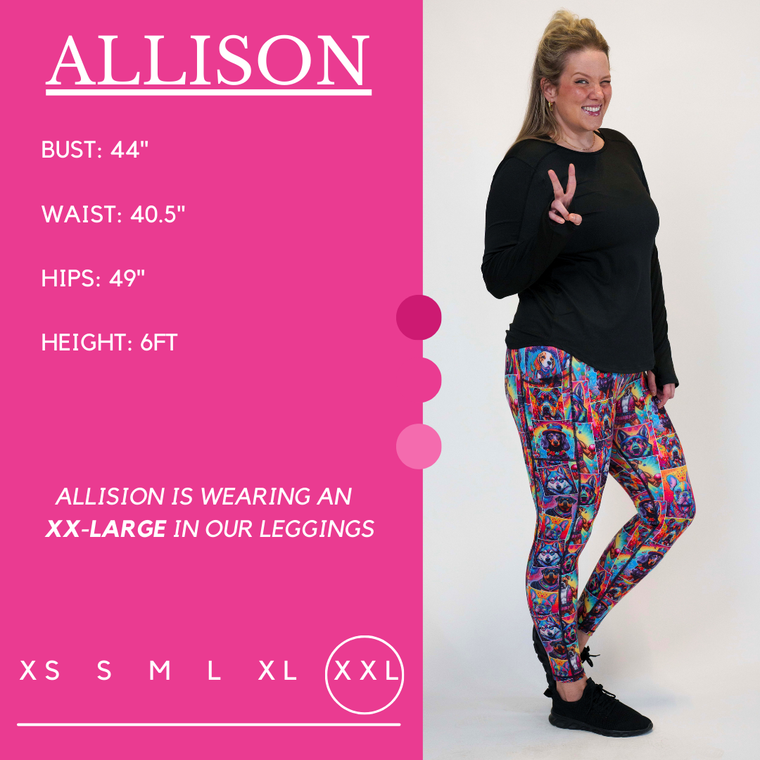 Model’s measurements of 44” bust, 40.5” waist, 49” hips and height of 6 ft. She is wearing a size xx-large in our leggings